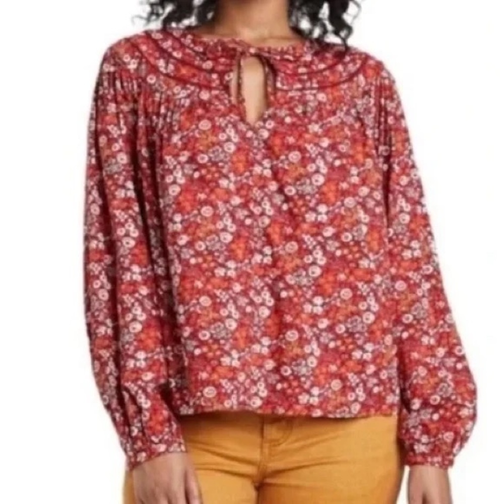 Universal Thread Floral Boho Peasant Blouse Red Cream Size S Oversized
